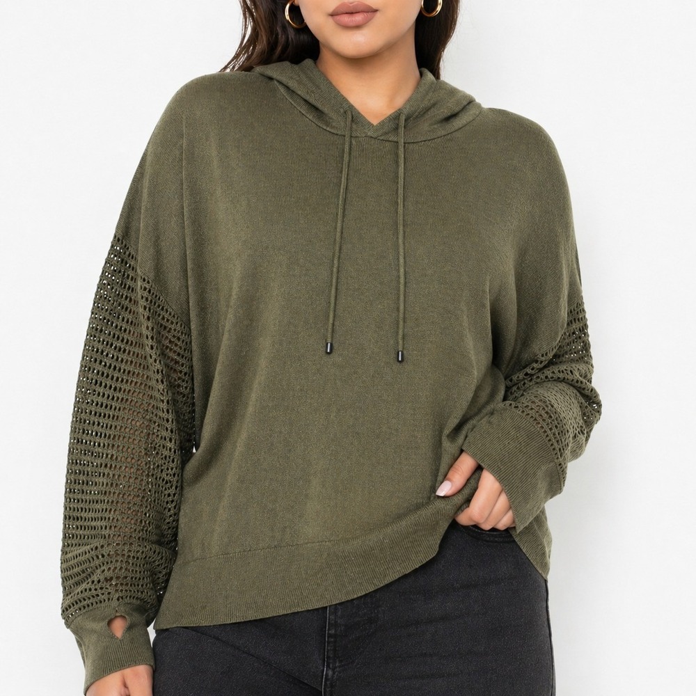 Stitches & Stripes Pullover Hooded Sweater Women's Medium Olive Green Thumbholes